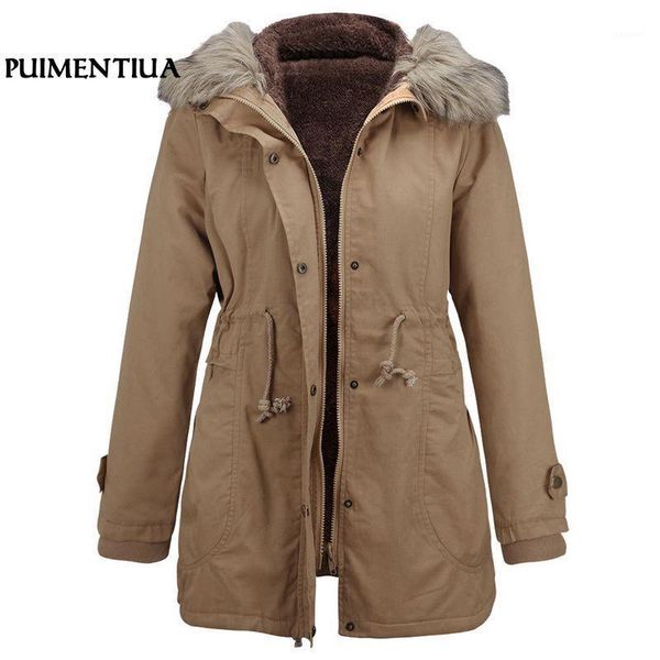 

puimentiua winter women parkas coats faux fur collar hooded medium-long wadded jackets thick cotton parkas korean clothes 20191, Black