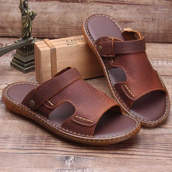 

breathable genuine leather men's sandals summer new elastic band beach shoes dual-purpose driving rubber sole slippers1, Black