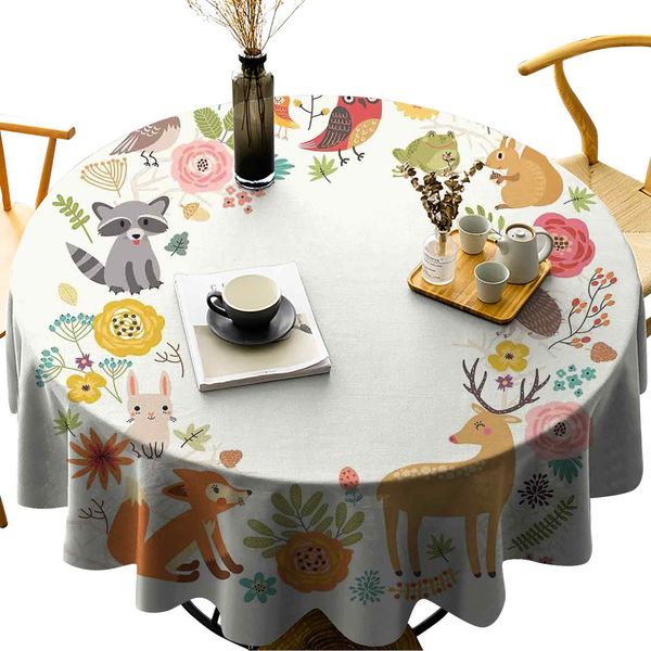

round tablecloth cotton linen dust-proof table cover european forest fauna and flora with deer fox raccoon and roses cartoon wildlife