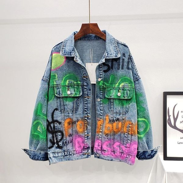 

letter graffiti jean jacket women outwear oversized loose print female basic coat turn-down collar casaco chaquetas denim jacket1, Black;brown