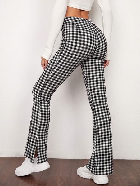 

gingham split hem pants l2ca#, Black;white