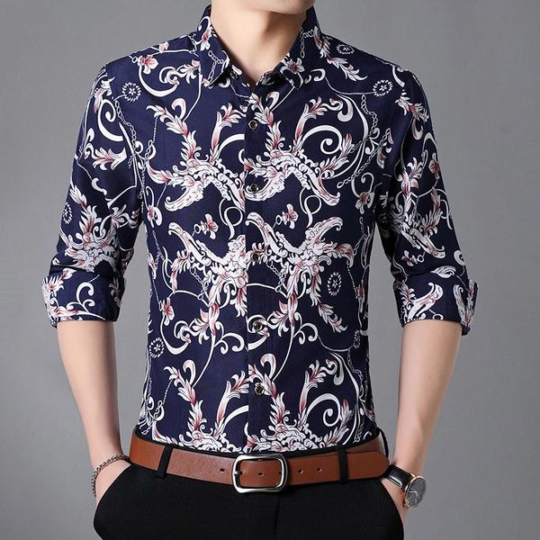 

men's long sleeve casual shirt plus size 7xl fashion printed floral shirt turn-down collar slim fit for mens clothing, White;black