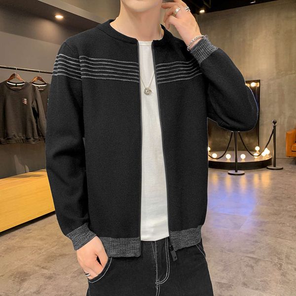 

round neck knitted cardigan 2020 autumn winter new loose warm sweater men's casual coat, Black