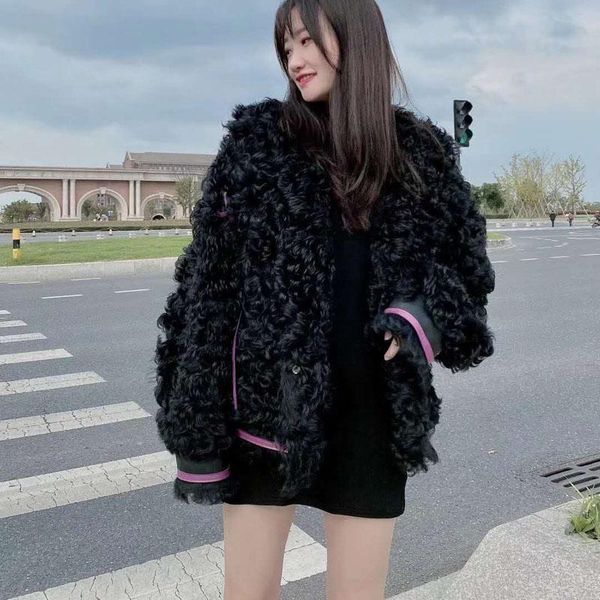 

women coat winter short clothes imported tuscany real sheep fur genuine leather jacket wear on both sides thick warm fn00997, Black