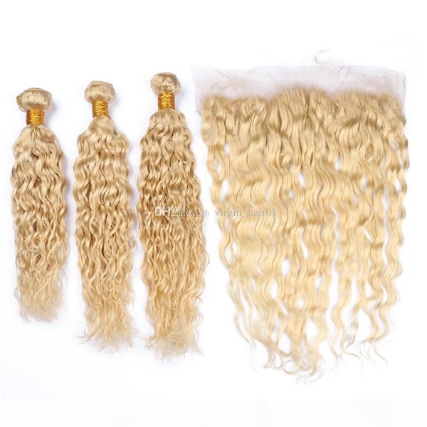 

water wave virgin brazilian blonde human hair wefts with frontal wet and wavy #613 blonde 13x4 full lace frontal closure with 3bundles, Black;brown