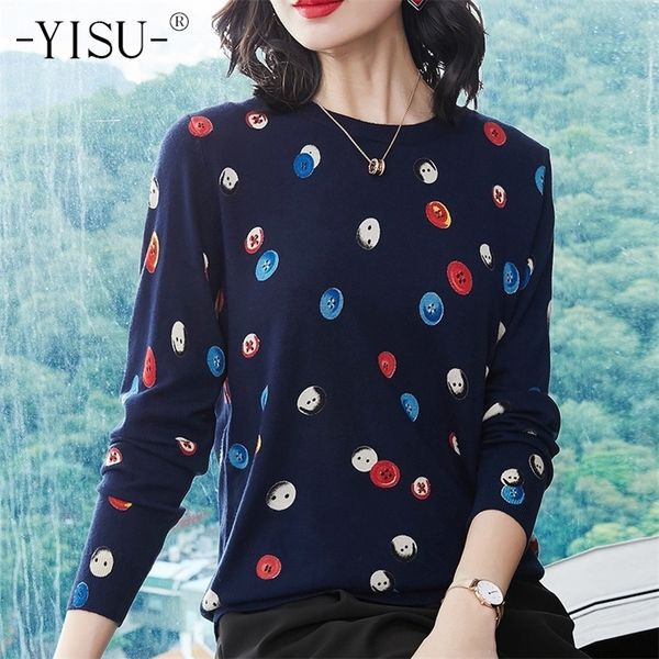 

yisu autumn women o neck sweater casual candy button printed knit jumpers harajuku sweater pull femme winter warm sweaters 201130, White;black
