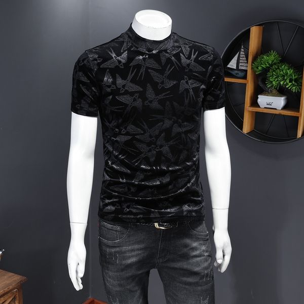 

men's autumn and winter high-neck short-sleeved t-shirt bottoming shirt dark flower half-sleeved youth thickening and velvet t-shirt, White;black