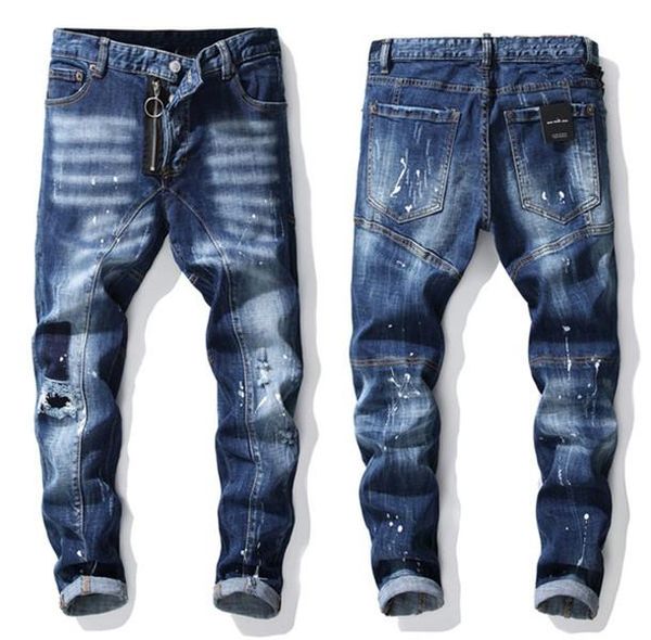 

fashion slim fit washed motocycle designer regular washed zipper modern mens slim jeans holes style male apparel mens jeans, Blue