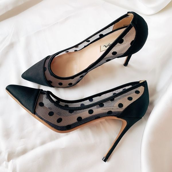 

mulher 2020 nova senhora preto malha net rendas cetim poined toes rasa stiletto calcanhar nupcial sapatos de salto alto bombas 1lgt, Black