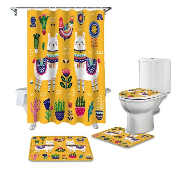 

bathroom shower curtain and rug sets cartoon animal alpaca chicken flower kawaii toilet lid cover bath mat shower curtains set
