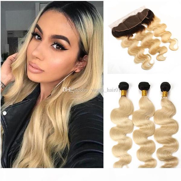 

raw indian body wave virgin human hair with lace frontal closure with baby hair dark roots 1b 613 light blonde lace frontal, Black;brown