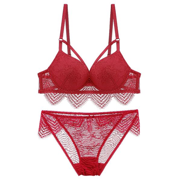 

bra and panties push up triangle lace trim strappy padded cup floral underwired lingerie set for women, Red;black