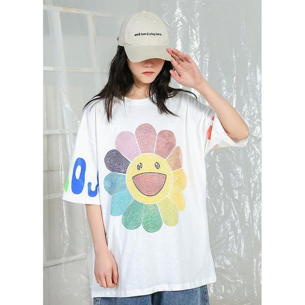 

2020 casual short-sleeved t-shirt women loose summer sun flower smiley hip-hop bf wind womens cool t shirts g341, White