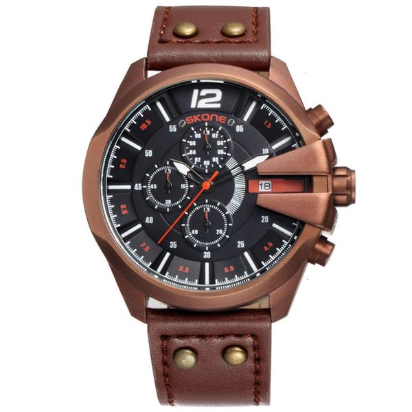 

waterproof space time men's multi-functional sports luminous quartz watch large dial belt watch, Slivery;brown