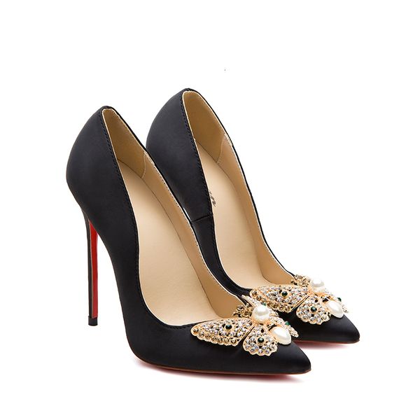 

2021 in high heels fall new silk fabrics crystal bow pointed all-match female shoes ahcz, Black