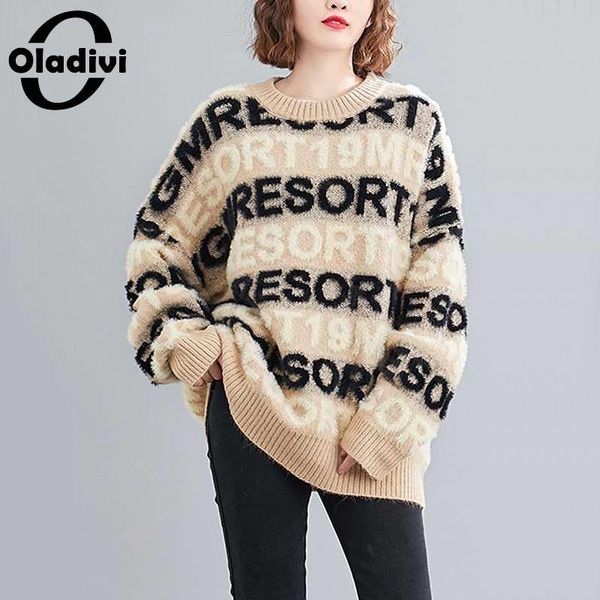 

oladivi plus size o-neck letter sweater women knitted pullover oversized winter knitwear casual outerwear xl 3xl 4xl 5xl 6xl 7xl, White;black
