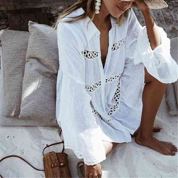 

fashion women beach blouse ladies long sleeve turn-down collar white floral loose swimwear chiffon blouse