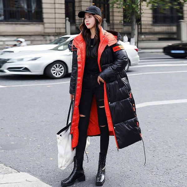 

women winter x-length puffer hood bomber basic jacket long female coat loose parka plus size korean hat s outerwear snow wear, Black