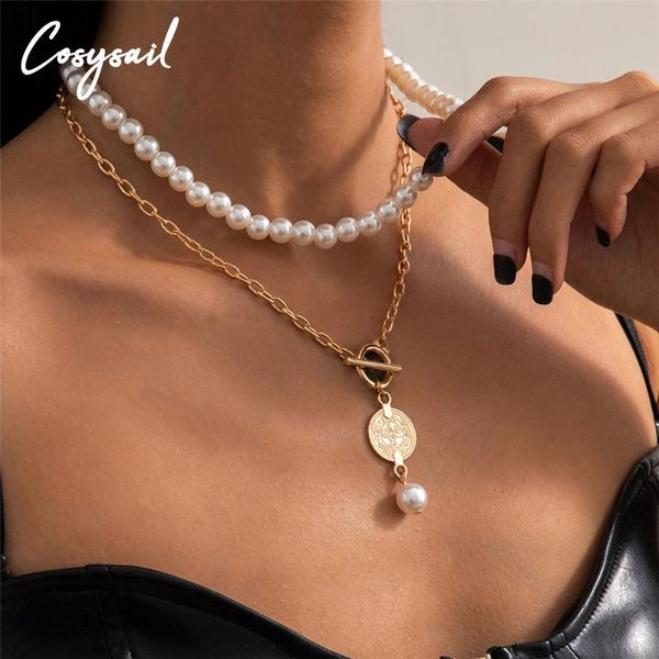 

chokers cosysail 2021 design multilayer pearl choker necklace for women charm coin pendant party jewelry gift, Golden;silver