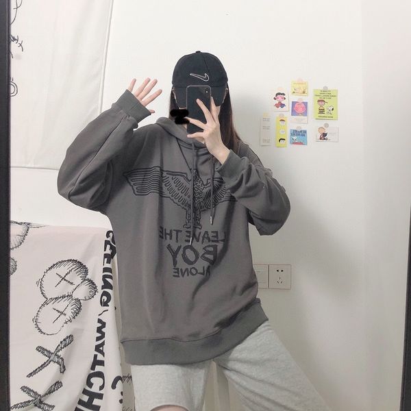 

2020boy net red grey sketch eagle print hooded sweater men and women lovers color recommendation, White