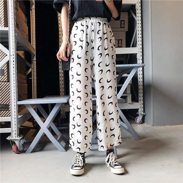 

gothic harem pants trousers women high waist loose wide leg pants moon print 3 4 loose womens pants, Black;white