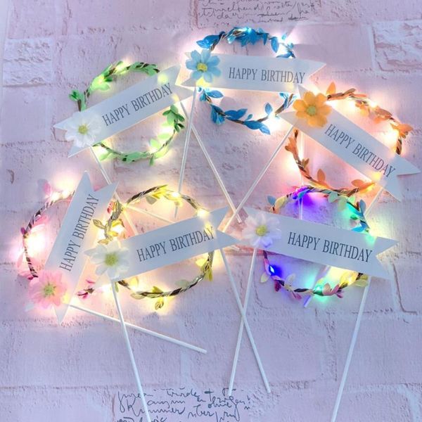 

other festive & party supplies 1pcs flower wreath cake er led glowing happy birthday baby shower decoration diy baking flags insert