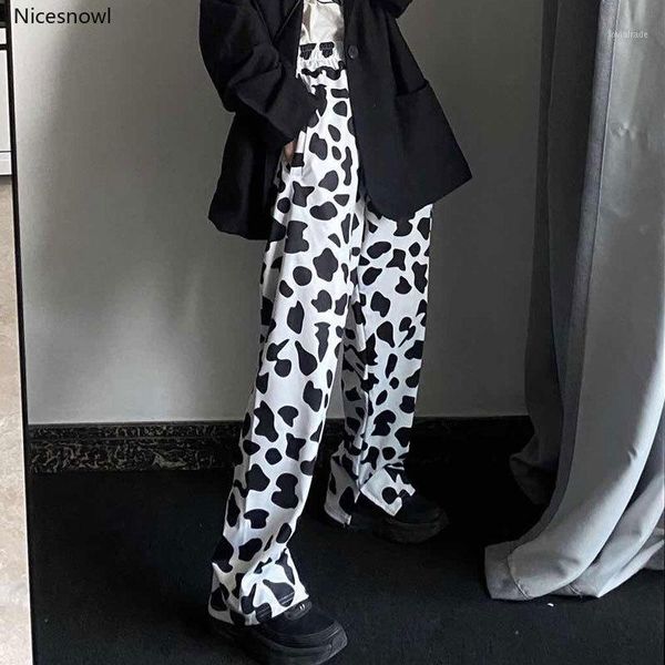 

women's pants & capris cow print women summer korean style wide leg for 2021 vintage loose casual trousers1, Black;white