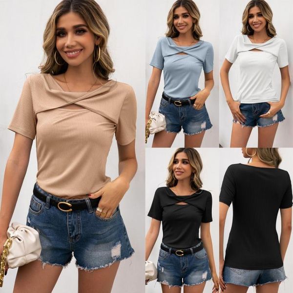 

women's t-shirt solid color hollow short-sleeved slim-fit round neck t-shirt top, White