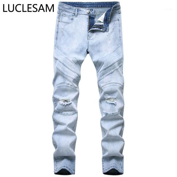 

mens frayed holes jean 2020 slim fit male streetwear retro pencil jeans hip hop striped denim pants casual moto trousers for men1, Blue