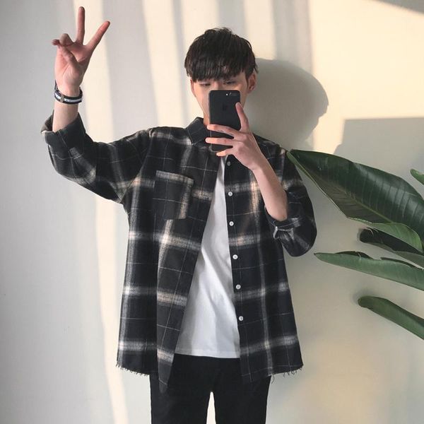 

yasuguoji new 2020 spring fashion plaid shirts oversized long sleeve shirt men loose men shirt casual flannel checkered shirts1, White;black