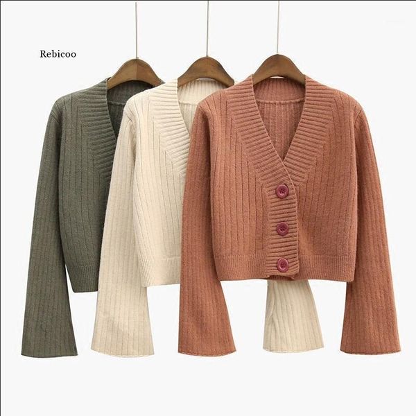 

cardigan autumn long flare sleeve short sweater women ribbed knitted cotton black white ladies soft outwear female1