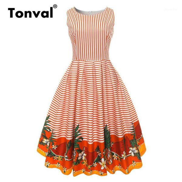

tonval pleated striped dress vintage plus size dresses 4xl women cotton pineapple and watermelon summer dress1, Black;gray