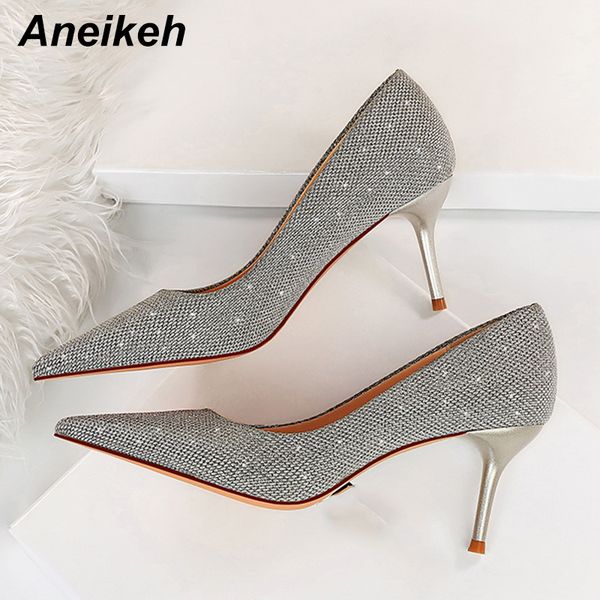 

aneikeh femmes chaussures fashion classics thin heels bling print wedding lady pu women's pumps 2021 spring/autumn slip-on shoes c0129, Black