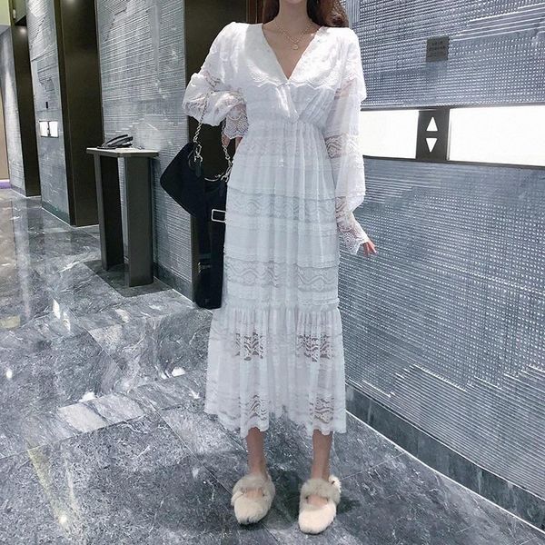 

jxmyy women dress 2020 new spring summer elegant long lace dress high waist v neck party dresses vestido robe mujer #ht0g, Black;gray