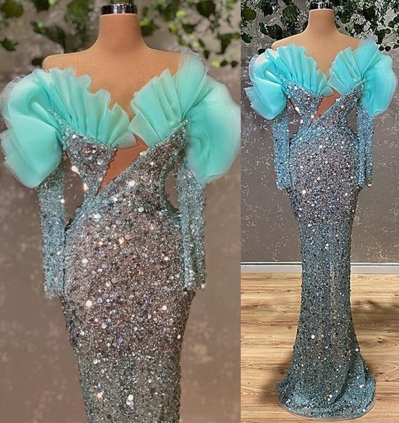 

2022 plus size arabic aso ebi sparkly mermaid prom dresses long sleeves stylish evening formal party second reception birthday gowns dress z, Black