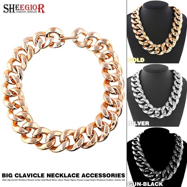 

chokers boho big clavicle necklace women ornaments lovely golden/black/silver color plastic material choker necklaces fashion party gift, Golden;silver