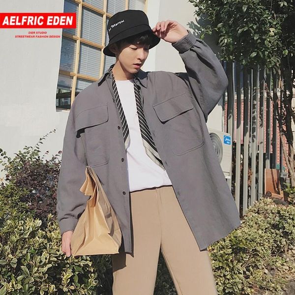 

aelfric eden vintage japanese style big pockets mens shirts harajuku autumn casual male streetwear shirt men clothes 2018 mc381, White;black