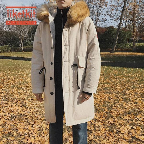

liketkit men streetwear long jackets winter 2019 new korean fashion solid big fur hooded parka coats male thick warm windbreaker1, Black