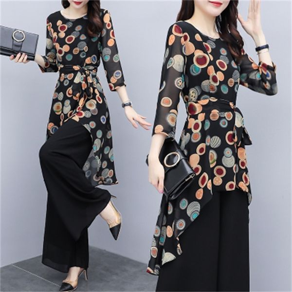 

chiffon women's two-piece pants defines dot broad leg pantalon and haut female summer woman suit 7phu, White