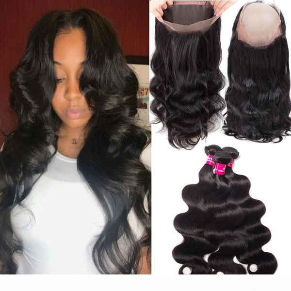 

3 bundles brazilian body wave with 360 lace frontal closure 100% unprocessed brazilian peruvian malaysian indian body wave hair with closure, Black;brown