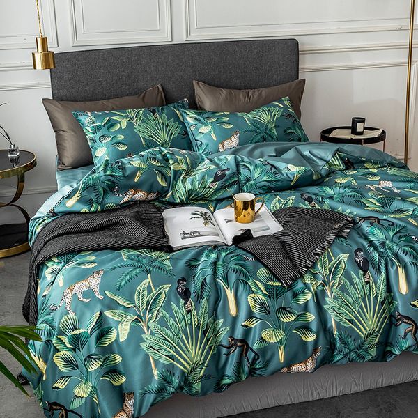 Set di biancheria da letto in stile nordico Piante tropicali Stampa Seta lavata Queen King Size Copripiumino Biancheria da letto Lenzuolo con angoli Federe T200706