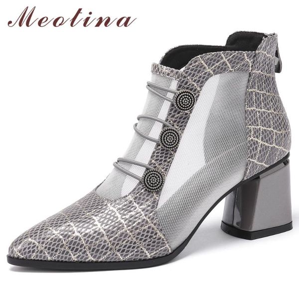 

meotina summer ankle boots women shoes natural genuine leather mesh thick high heel short boots sheepskin zipper shoes lady, Black