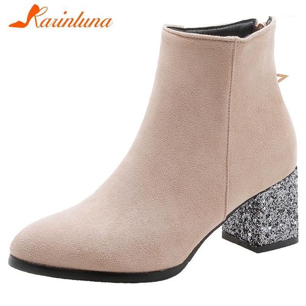 

karin big size 31-43 new ladies party boots fashion pointed toe ankle boots women bling chunky heels shoes woman1, Black