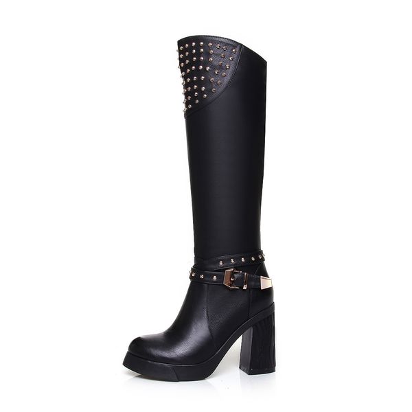 

women's 2021 at knee-high european and female long metal rivet boots cyct, Black