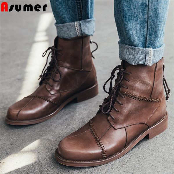 

boots asumer fashion autumn winter genuine leather women round toe ladies ankle low heels shoes motorcycles, Black