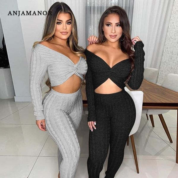 

anjamanor sweater 2 two piece set off shoulder long sleeve crop and pants cozy lounge wear winter outfits d52-fz56, Gray