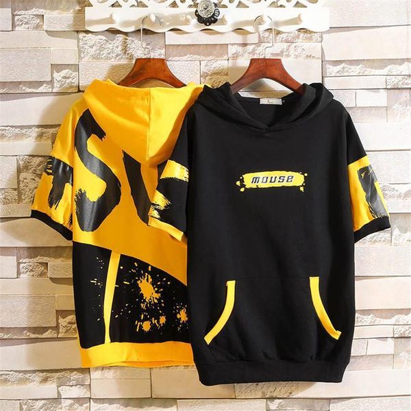 

2021 summer new large size short-sleeved sweatshirt men fashion casual self-cultivation brand trend letter printing mens hoodies, Black