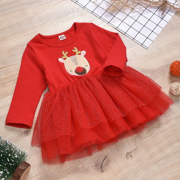 

autumn 2021 new baby children christmas winter red dress cartoon pattern printed long sleeve tutu skirt kids wear clothes lababy57, Red;yellow