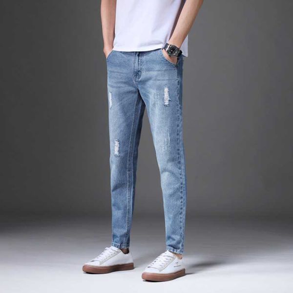 

fashion autumn and winter jeans men's ripped slim-fit men's trousers new trend casual stretch all-match pants men, Blue