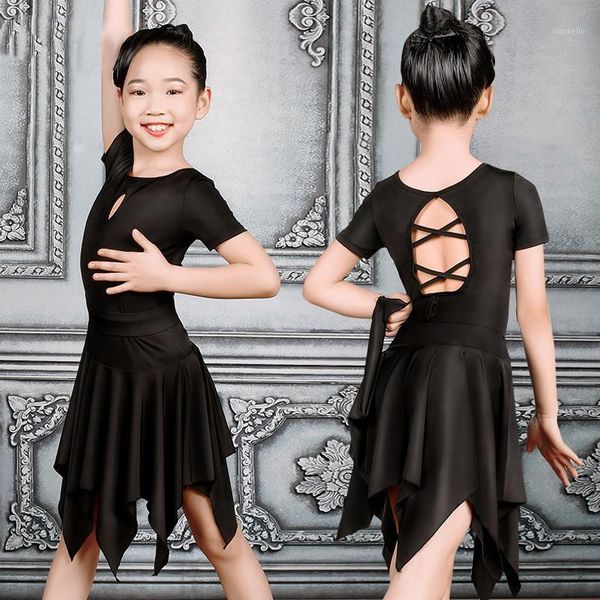 

latin dance dress short sleeved irregular skirts girls latin dance practice wear cha cha samba rumba performing black dress 45751, Black;red